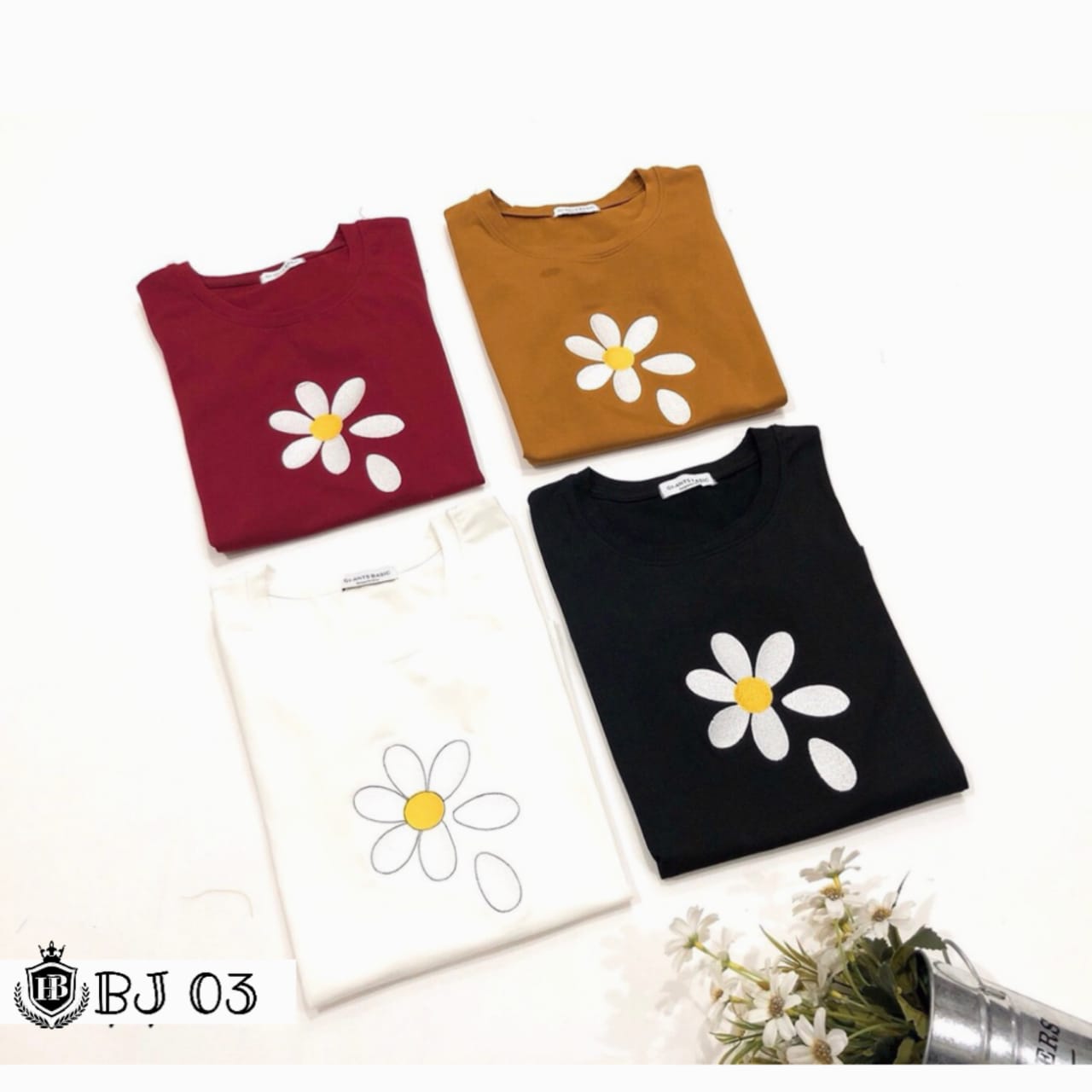 ROUND NECK SHORT SLEEVES , EMBROIDERED FLOWERS
